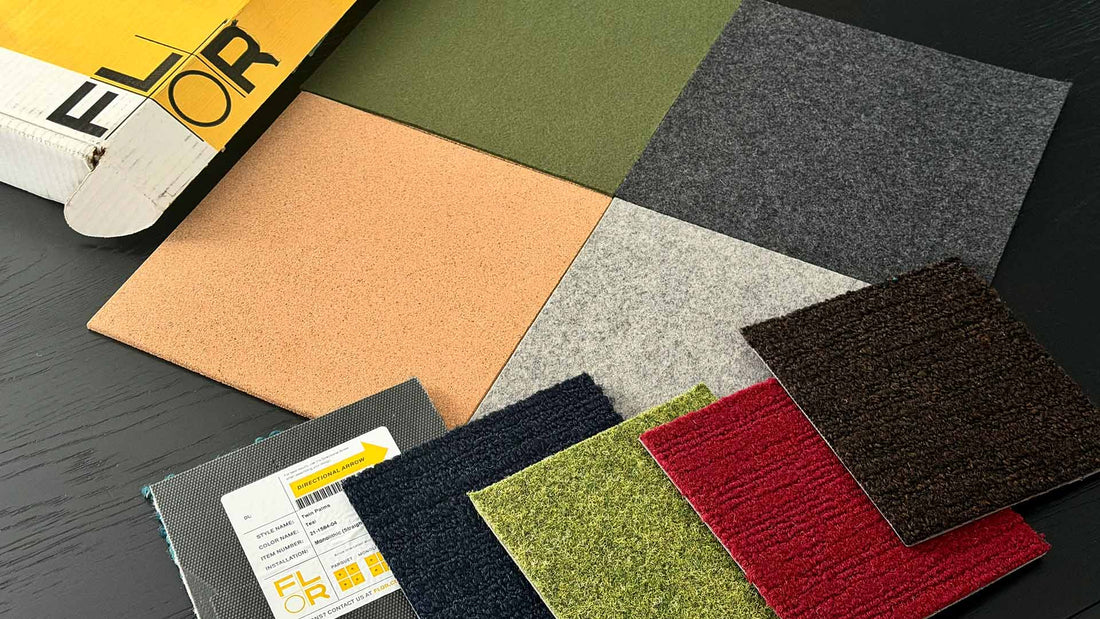 Flor tiles and Composer Mat tile options — Heather Grey, Graphite, Fern Green wool felt and solid cork